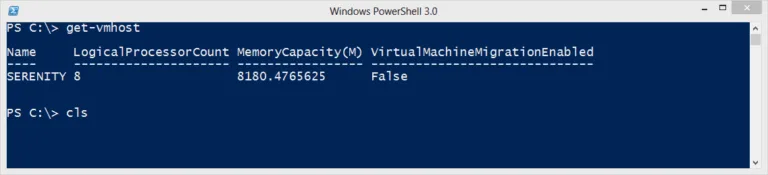 PowerShell get-vmhost command displaying Hyper-V host configuration, processor count, memory capacity, and migration settings.