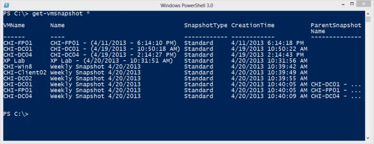PowerShell get-vmsnapshot command displaying all available Hyper-V checkpoints and snapshot creation dates.