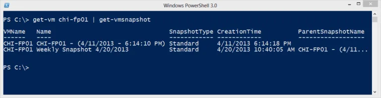 PowerShell command showing snapshots associated with a specific Hyper-V virtual machine.
