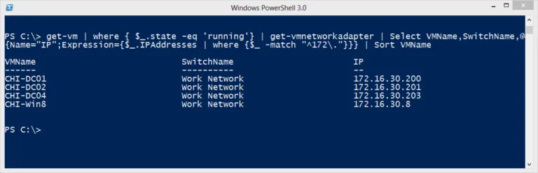 PowerShell command listing IP addresses for all running Hyper-V virtual machines connected to a virtual switch.