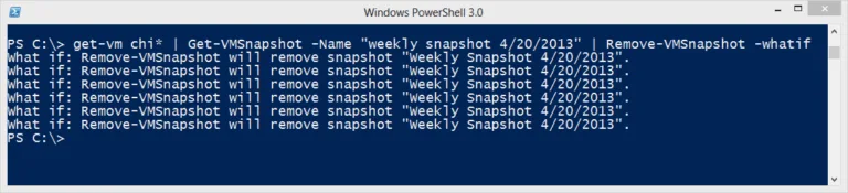 PowerShell Remove-VMSnapshot command using the WhatIf parameter to preview checkpoint deletion.