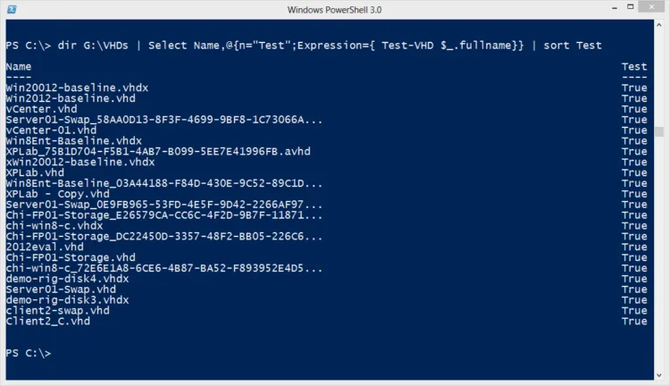 PowerShell Test-VHD command validating Hyper-V virtual hard disk files and displaying results.
