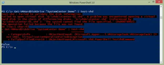 Test-VHD PowerShell command showing an error for a missing or invalid Hyper-V virtual hard disk file.