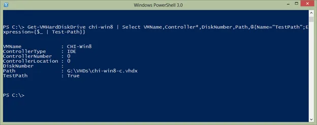 PowerShell command validating a Hyper-V virtual hard disk path and confirming the VHDX file exists.