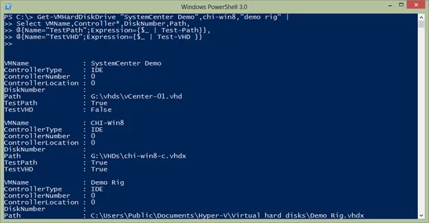 PowerShell report combining file path validation and Test-VHD integrity checks for Hyper-V virtual disks.