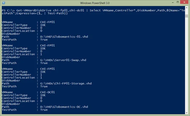 PowerShell output verifying virtual hard disk paths for multiple Hyper-V virtual machines.