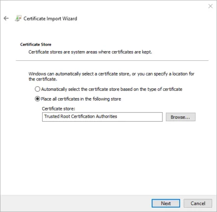 Certificate Import Wizard configured to place a certificate in the Trusted Root Certification Authorities store.