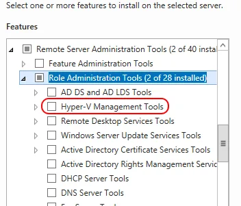 Server Manager Add Roles and Features Wizard displaying Hyper-V Management Tools selected under Remote Server Administration Tools.
