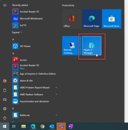Windows Start menu with Hyper-V Manager highlighted and ready to launch.