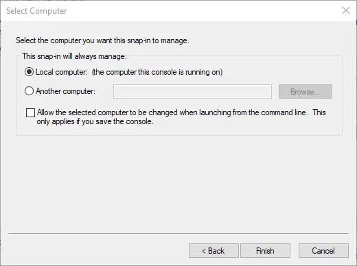 Certificates snap-in wizard configured to manage certificates for the local computer.
