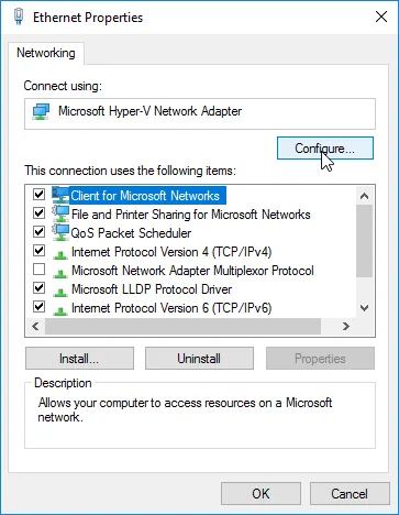 Viewing Hyper-V’s Network Device Name in the Guest GUI - Ethernet Properties dialog