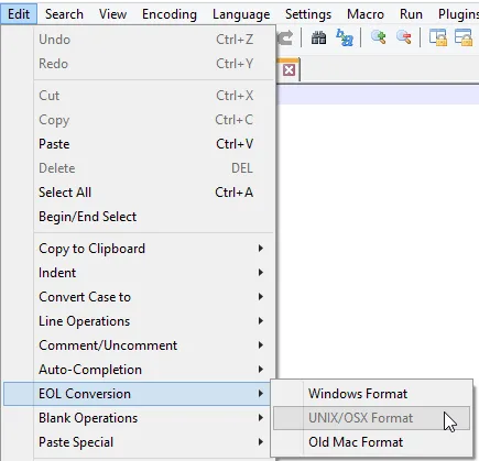 Notepad++ EOL Conversion menu showing the option to use UNIX line endings.
