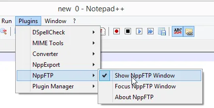 Notepad++ Plugins menu showing the option to display the NppFTP window.
