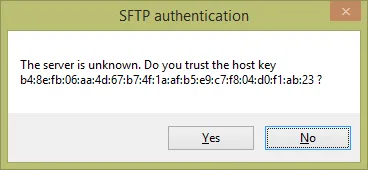 NppFTP SFTP authentication dialog prompting to trust the remote host key.