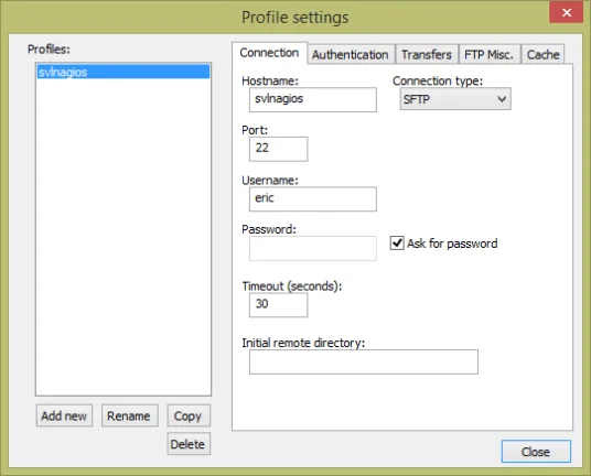NppFTP profile settings window configured for an SFTP connection.