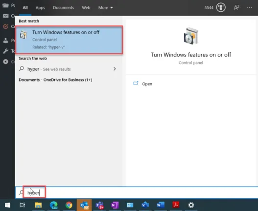Windows Start menu search results showing the Turn Windows features on or off option for enabling Hyper-V.