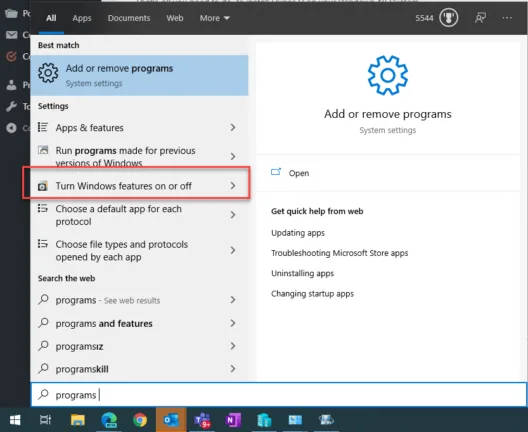 Windows Start menu search used to open Windows Features before disabling Hyper-V.