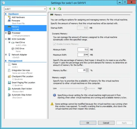 Dynamic Memory Configuration Screen