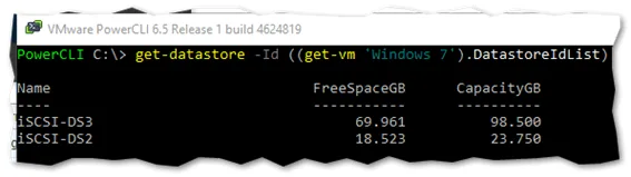 PowerCLI command output displaying the datastores associated with a virtual machine.
