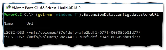 PowerCLI output showing datastore URL paths used by a virtual machine.