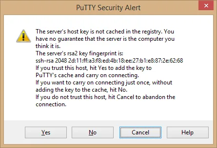 PuTTY security alert prompting the user to verify and trust an SSH host key.