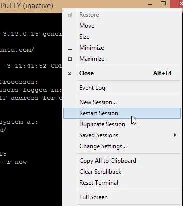 PuTTY system menu displaying the Restart Session option for an active SSH connection.