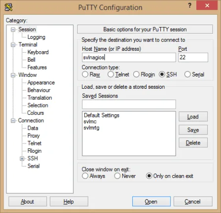 PuTTY configuration window showing a saved SSH session configured for an Ubuntu server.