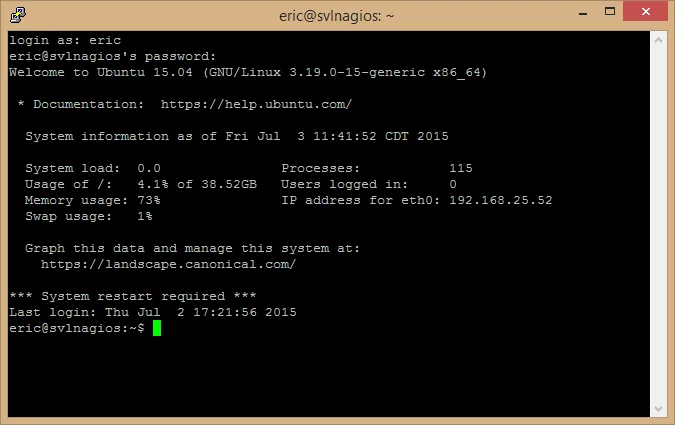 PuTTY terminal window showing a successful SSH login to an Ubuntu Server system.