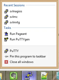 Windows taskbar jump list showing recent PuTTY SSH sessions and saved connections.