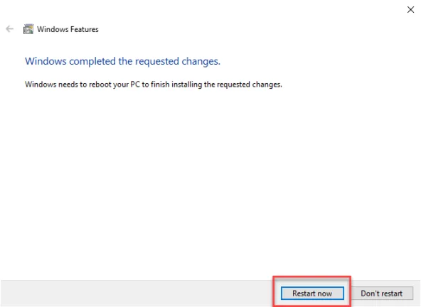 Windows restart prompt displayed after disabling Hyper-V and applying feature changes.