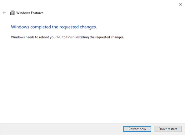 Windows setup prompt requesting a restart to complete Hyper-V installation.