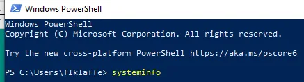 PowerShell window running the systeminfo command to verify Windows 10 Hyper-V hardware and virtualization requirements.