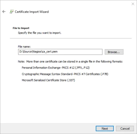 Certificate Import Wizard showing a certificate file selected for import.
