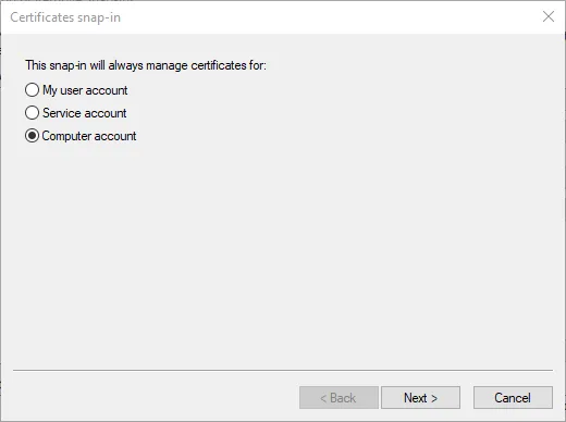 Certificates snap-in wizard with Computer account selected for certificate management.