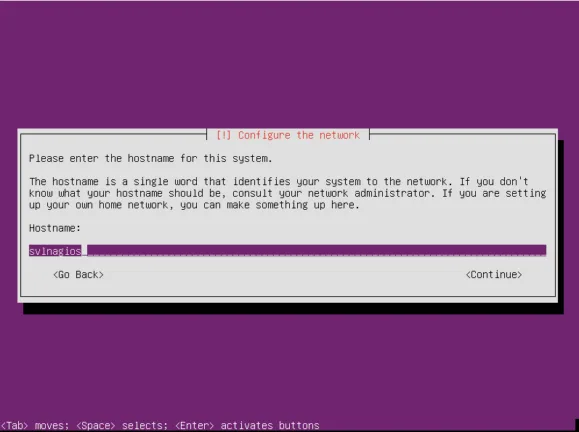 Ubuntu Server installer network configuration screen prompting for a hostname.