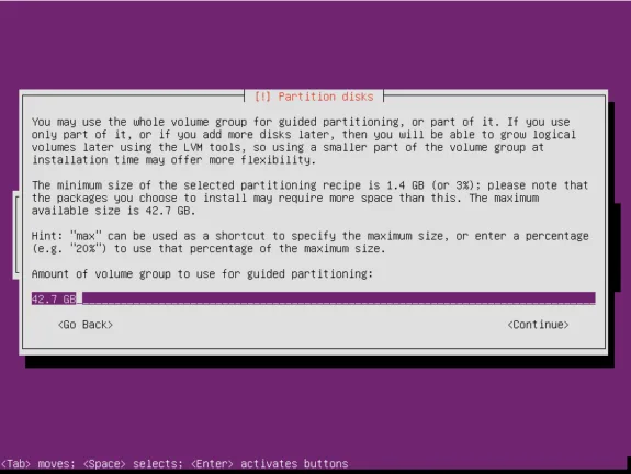 Ubuntu Server installer screen specifying the amount of disk space allocated to the LVM volume group.