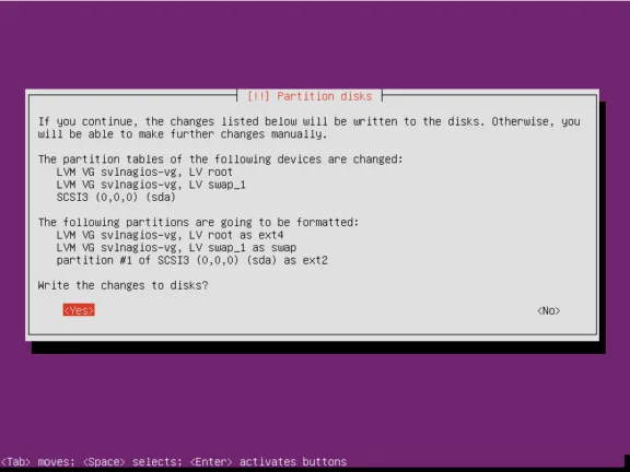 Ubuntu Server installer confirmation screen listing partitions to be formatted before installation.