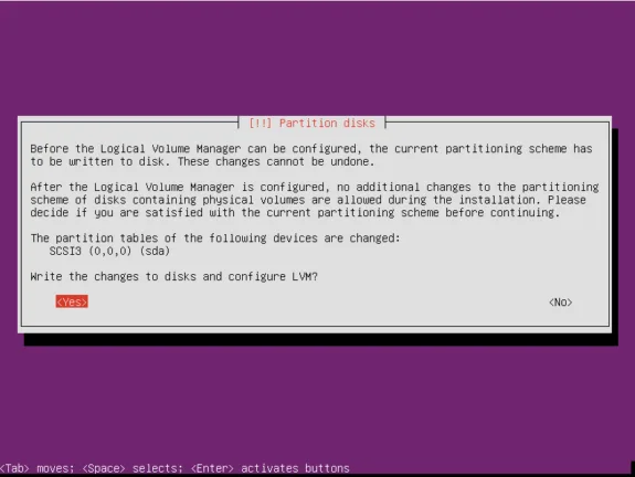 Ubuntu Server installer confirmation screen before writing partition changes and configuring LVM.