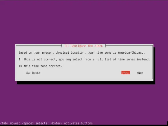 Ubuntu Server installer screen confirming the selected time zone.