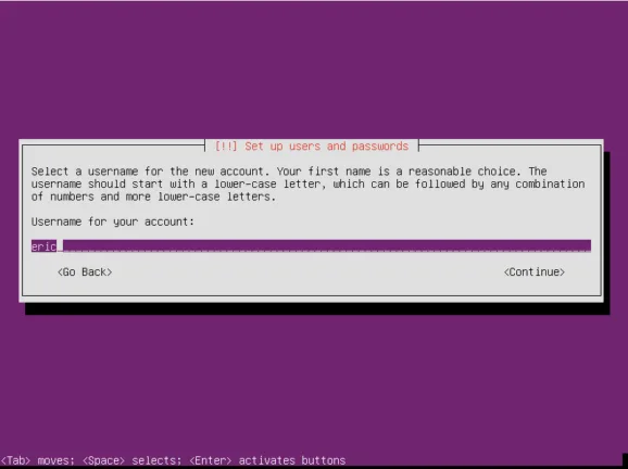 Ubuntu Server installer screen prompting for a username for the new account.