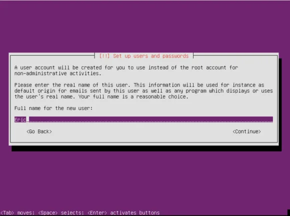 Ubuntu Server installer user setup screen requesting the full name for the new user account.