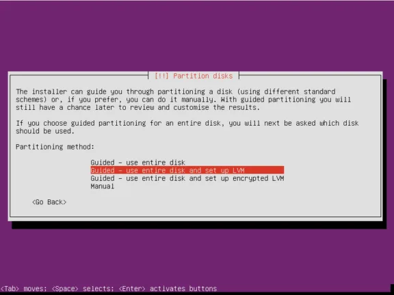 Ubuntu Server installer disk partitioning screen with guided partitioning and LVM selected.