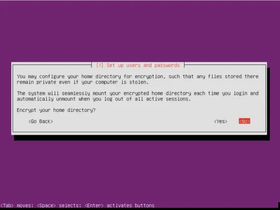 Ubuntu Server installer screen asking whether to encrypt the user's home directory.