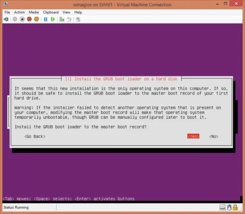 Ubuntu Server installer prompting to install the GRUB boot loader to the master boot record.
