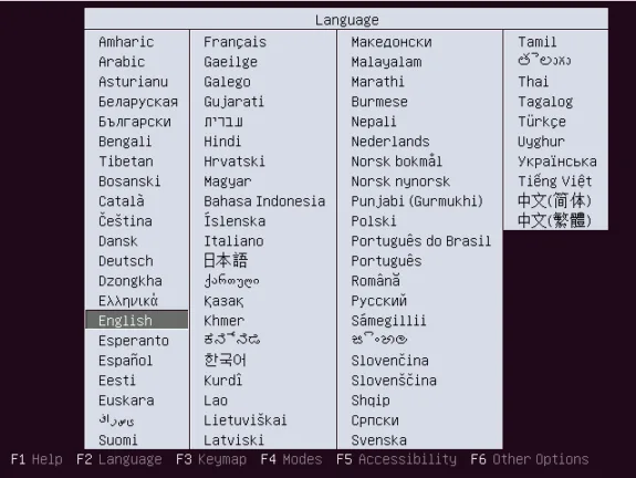 Ubuntu Server installation menu showing available language options with English selected.