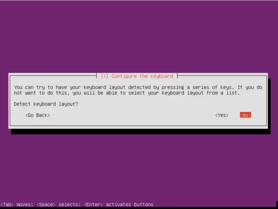 Ubuntu Server installer keyboard configuration screen asking whether to detect the keyboard layout automatically.