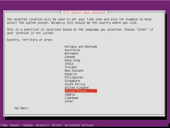 Ubuntu Server installer location selection screen used to configure regional settings and time zone.