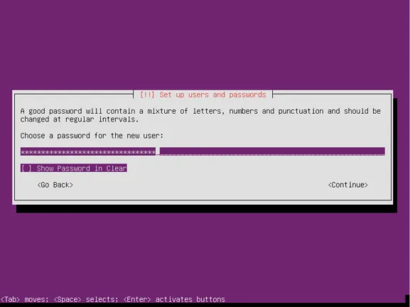 Ubuntu Server installer user setup screen prompting for an account password.