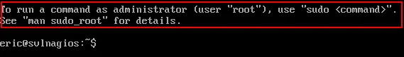 Ubuntu Server terminal showing the message explaining how to run commands with sudo.