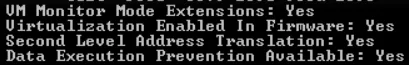 Command Prompt output confirming virtualization support, VM monitor mode extensions, and second-level address translation.